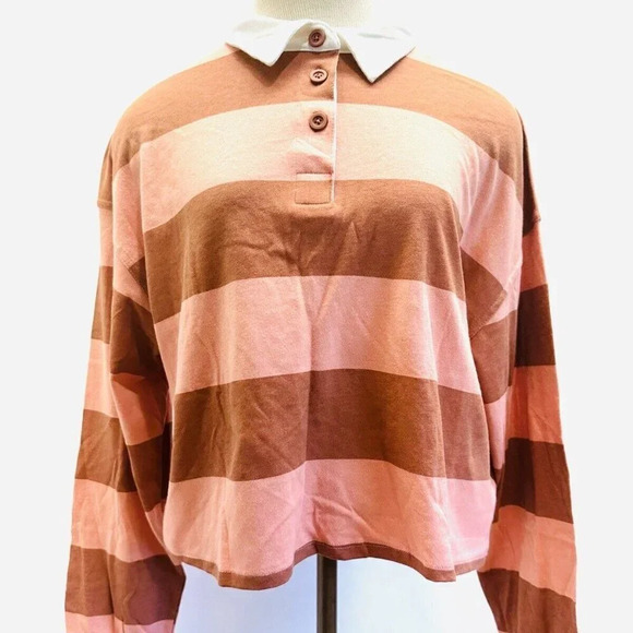 NWT SO Juniors Long Sleeve Pullover Collar Neck Striped Brown Crop Top Sz Large - Picture 1 of 12